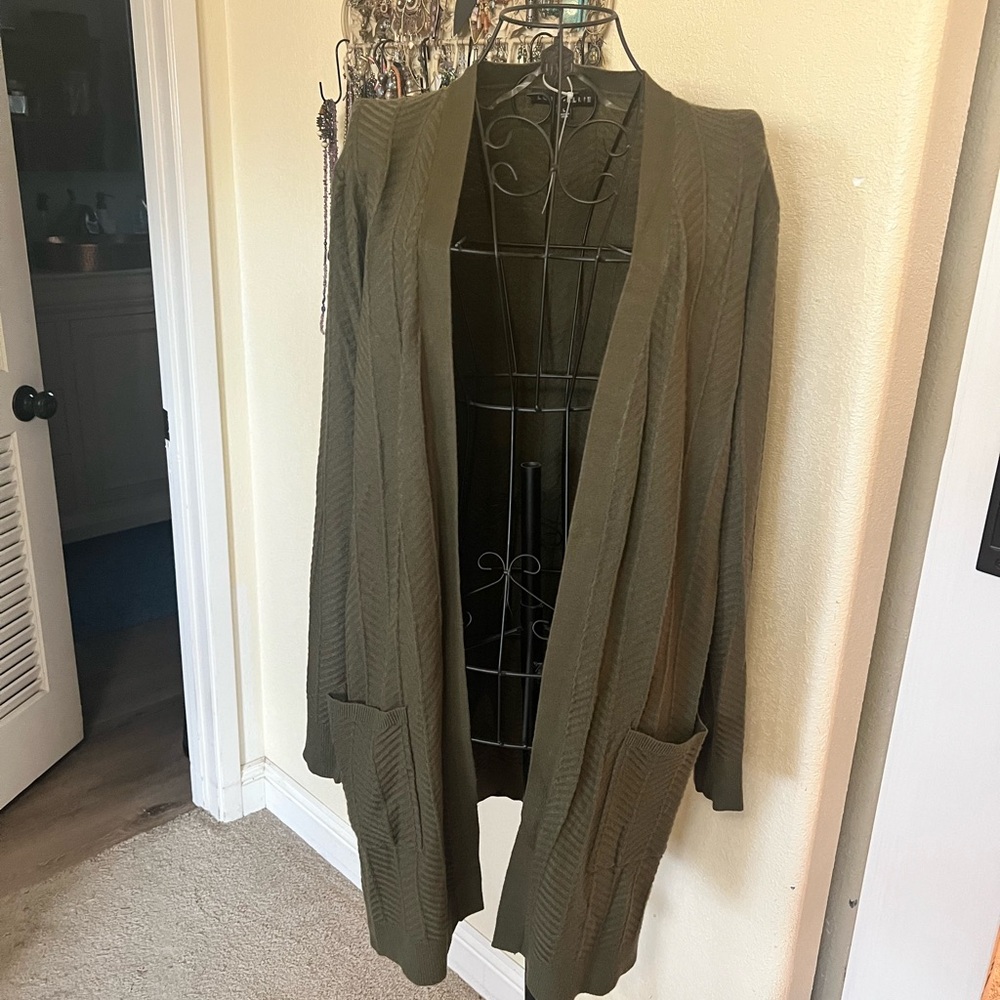 Olive Green Open Front Lightweight Cardigan
